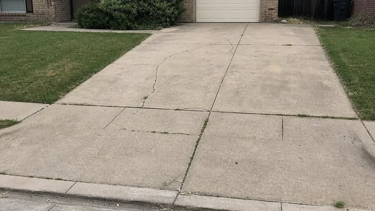 Realistic iPhone photo of Garland Texas residential concrete driveway estimate with curb apron and cracked panels