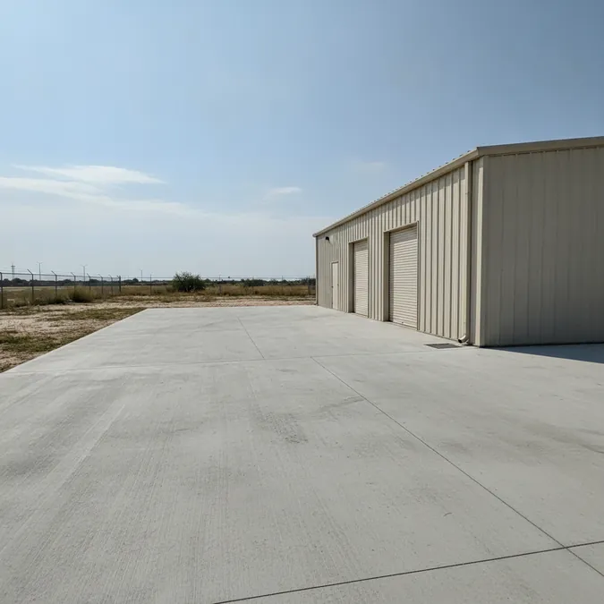 A small commercial concrete parking pad in Mesquite has a broom finish and defined drainage slope.