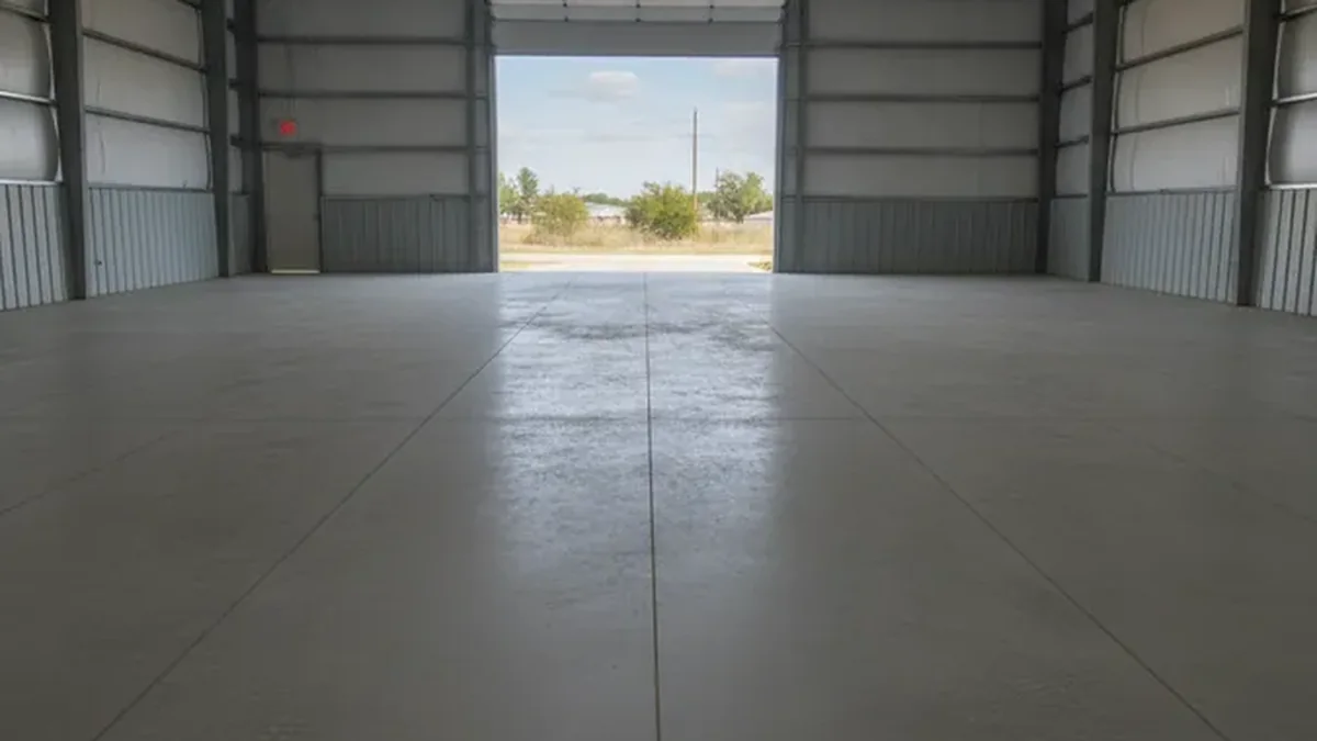 A small shop slab is laid out with clear edges, planned joints, and access around the work area.