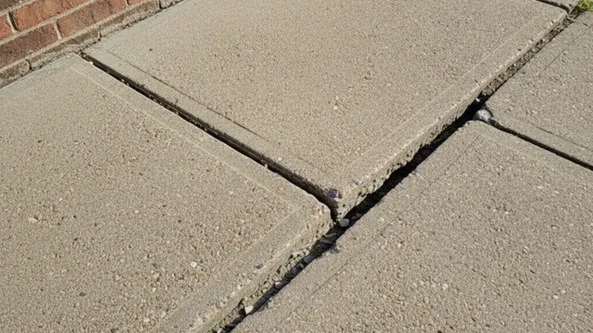 A dropped concrete walkway panel in Mesquite creates an uneven joint before leveling.