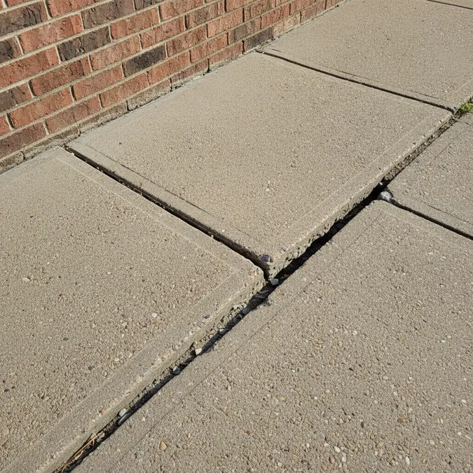 A dropped concrete walkway panel in Mesquite creates an uneven joint before leveling.