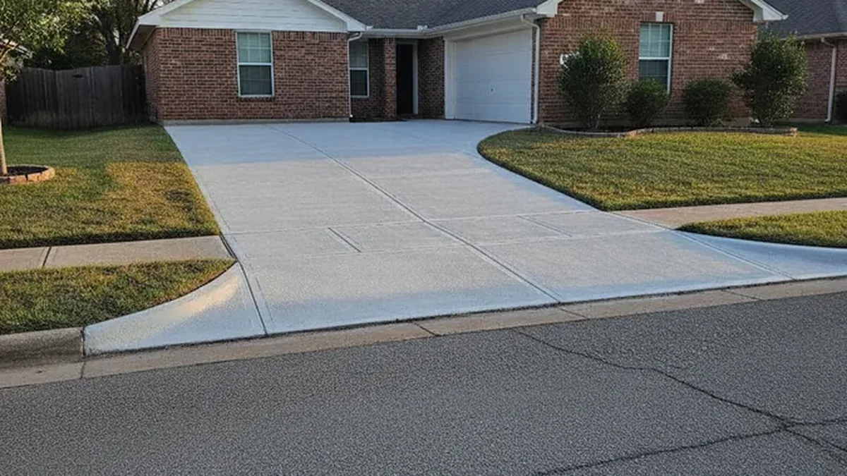 A finished resurfaced concrete patio has a clean textured surface and visible control joints.