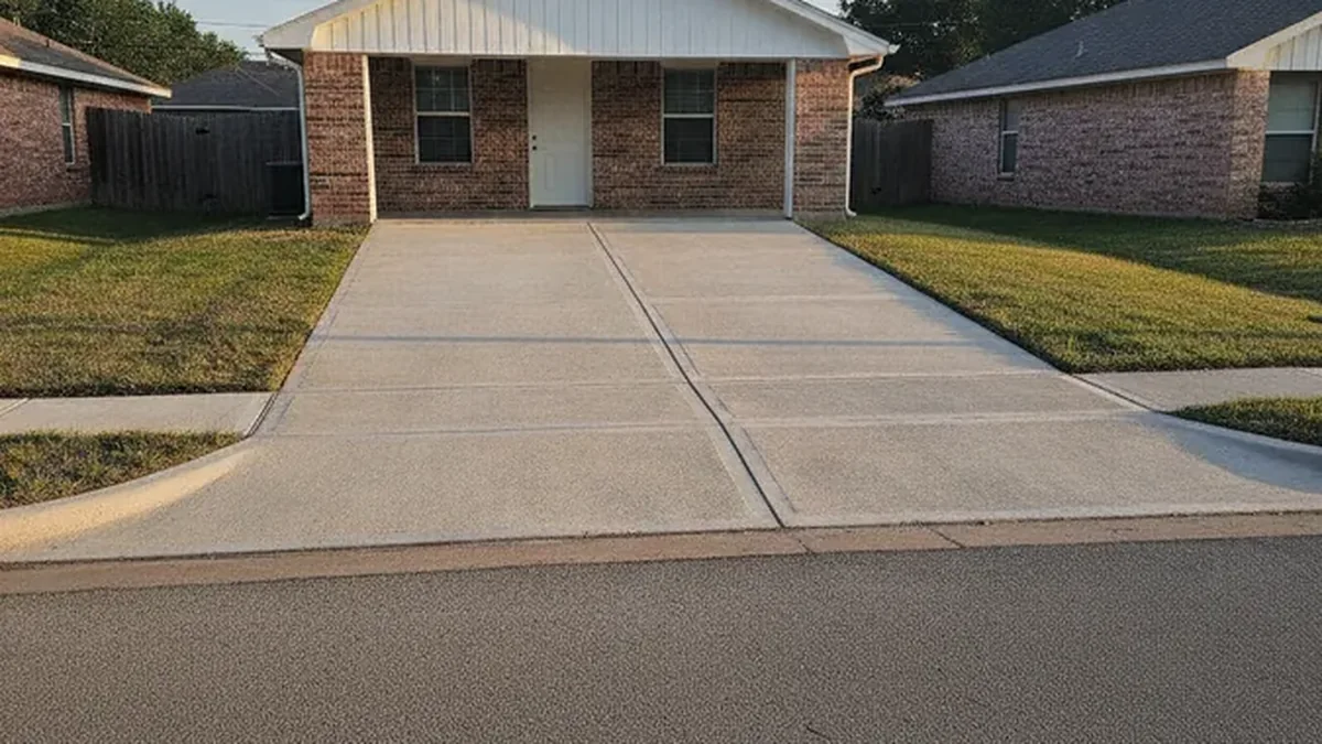 A finished replacement driveway has a broom surface, planned joints, and a clean garage transition.