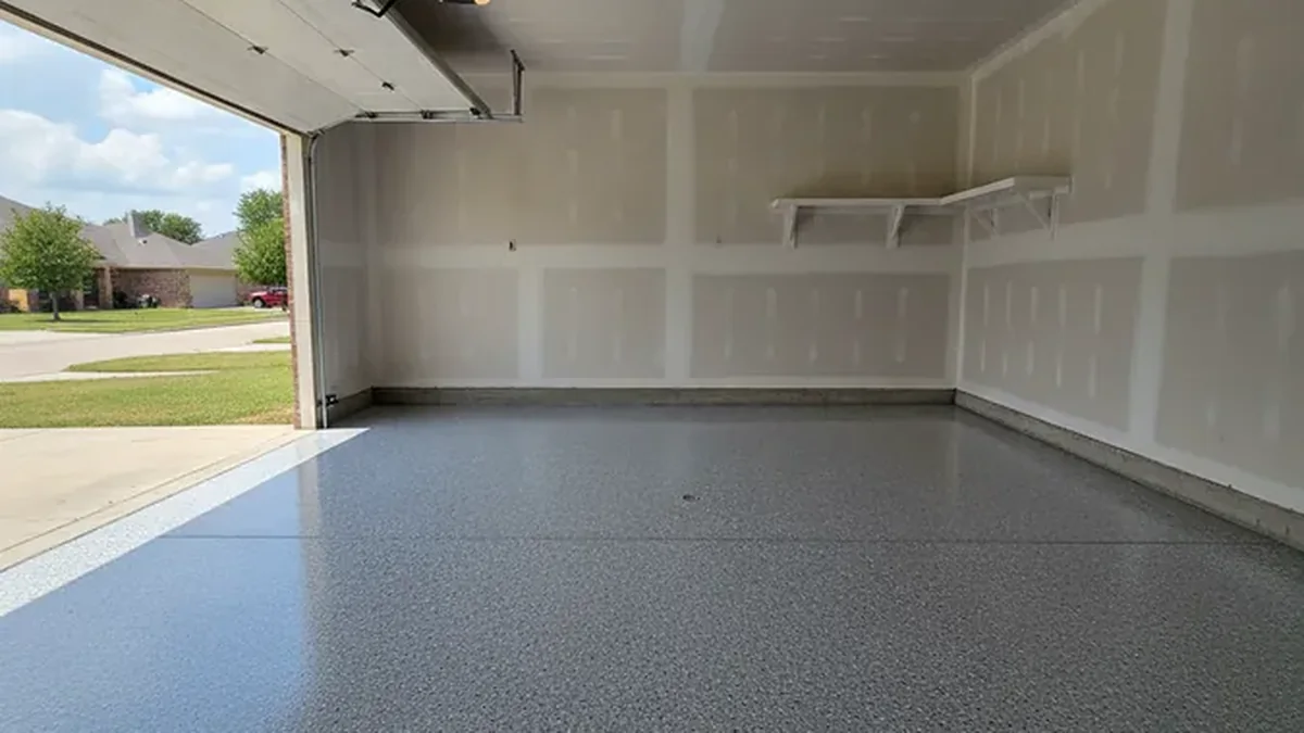 A finished epoxy flake floor gives a Mesquite garage a clean and durable walking surface.