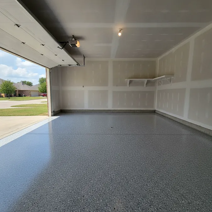 A finished epoxy flake floor gives a Mesquite garage a clean and durable walking surface.