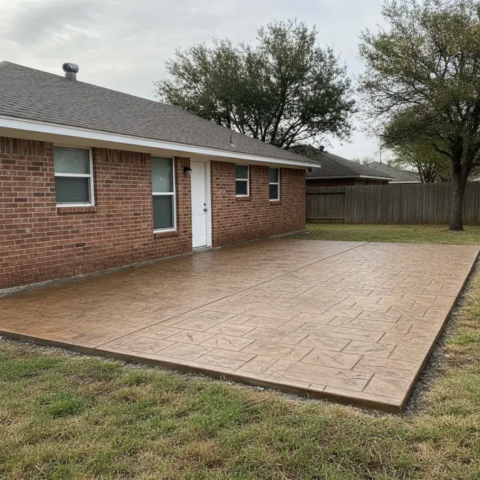 A stamped concrete patio in Mesquite has a stone-style pattern with defined joints and borders.