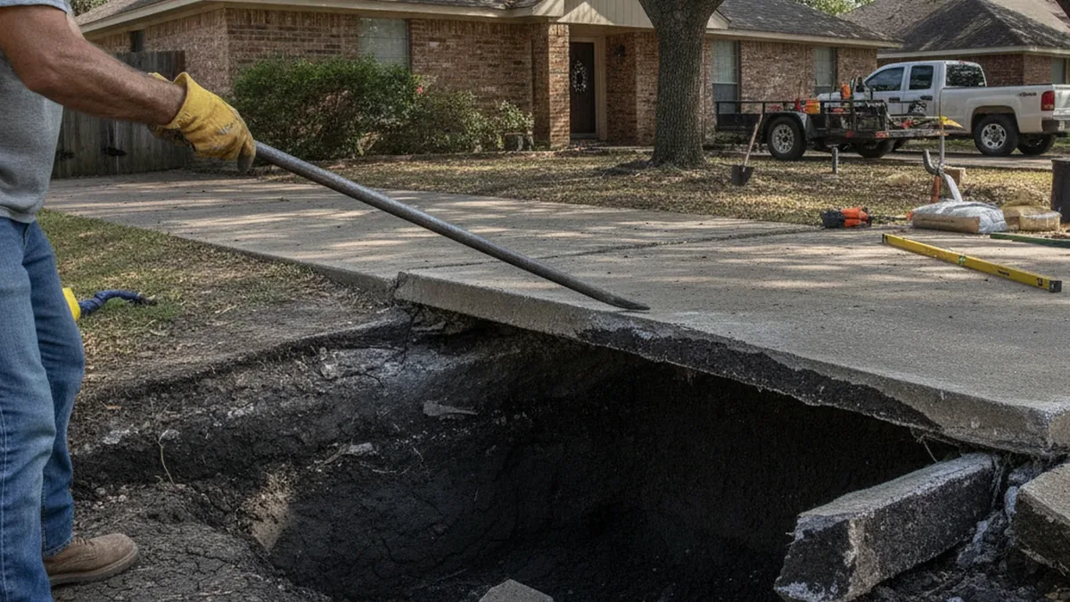 Clay void under concrete slab Mesquite Texas Dallas County black clay drought shrinkage base failure driveway repair vs replace
