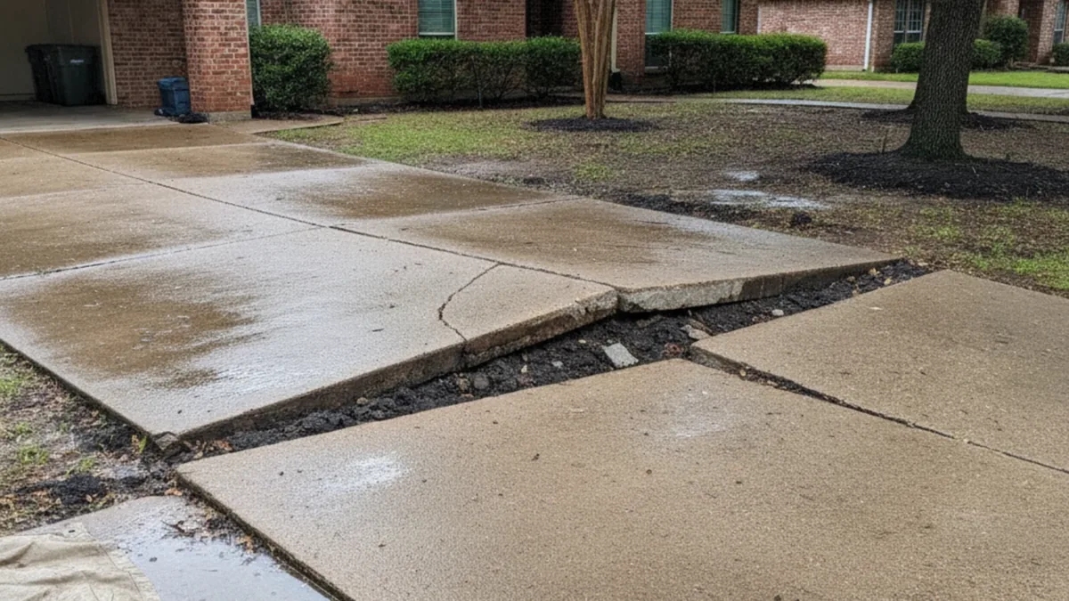 Rain heave concrete driveway Mesquite Texas Dallas County black clay expansion wet-dry cycle DFW storm suburban