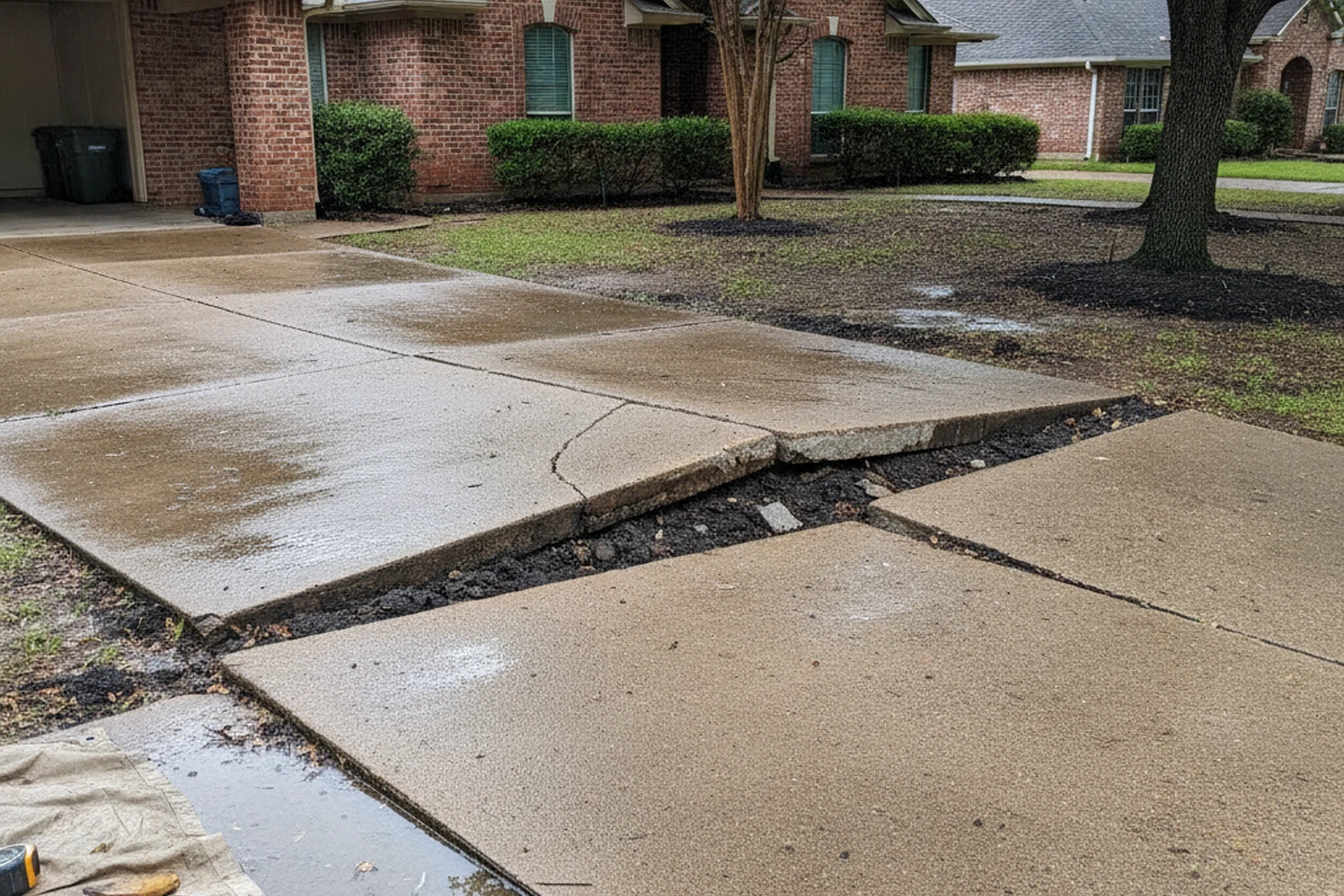 Rain heave concrete driveway Mesquite Texas Dallas County black clay expansion wet-dry cycle DFW storm suburban