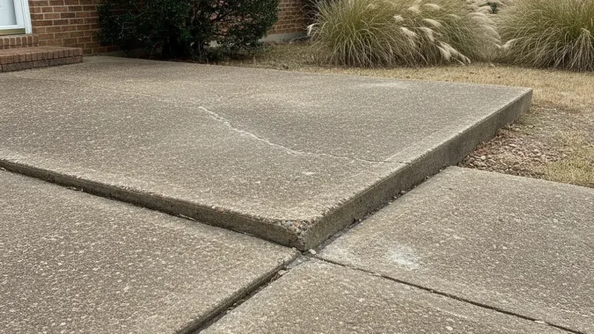 A concrete patio slab with a heaved edge at a Rowlett, Texas home near Lake Ray Hubbard before an estimate.
