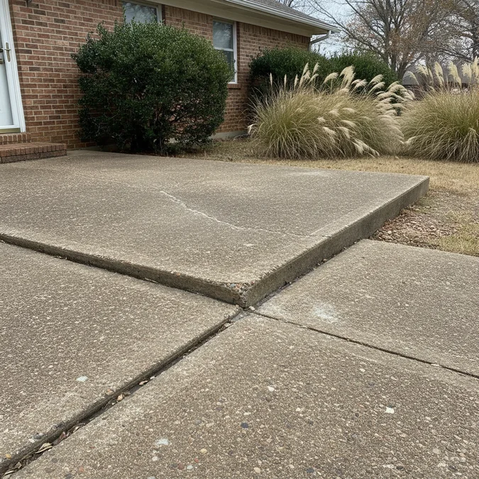 A concrete patio slab with a heaved edge at a Rowlett, Texas home near Lake Ray Hubbard before an estimate.