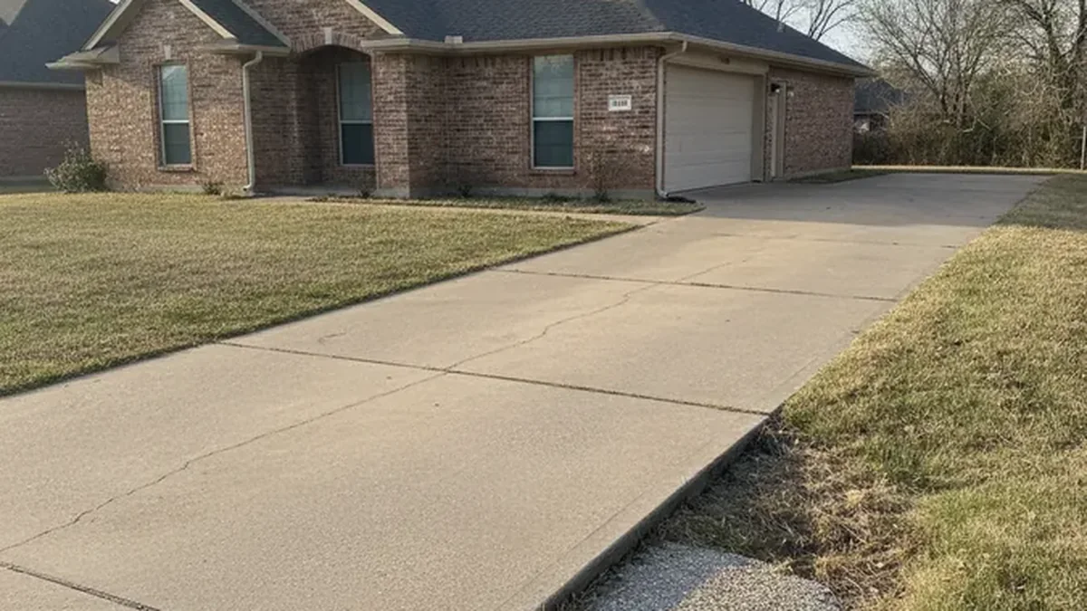 A long concrete driveway with a settled panel at a Sunnyvale, Texas home before an estimate.