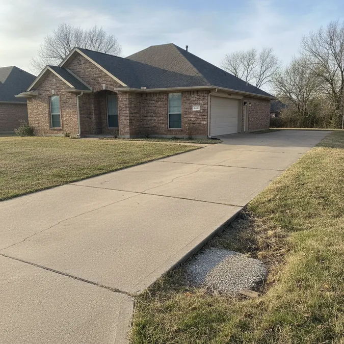 A long concrete driveway with a settled panel at a Sunnyvale, Texas home before an estimate.